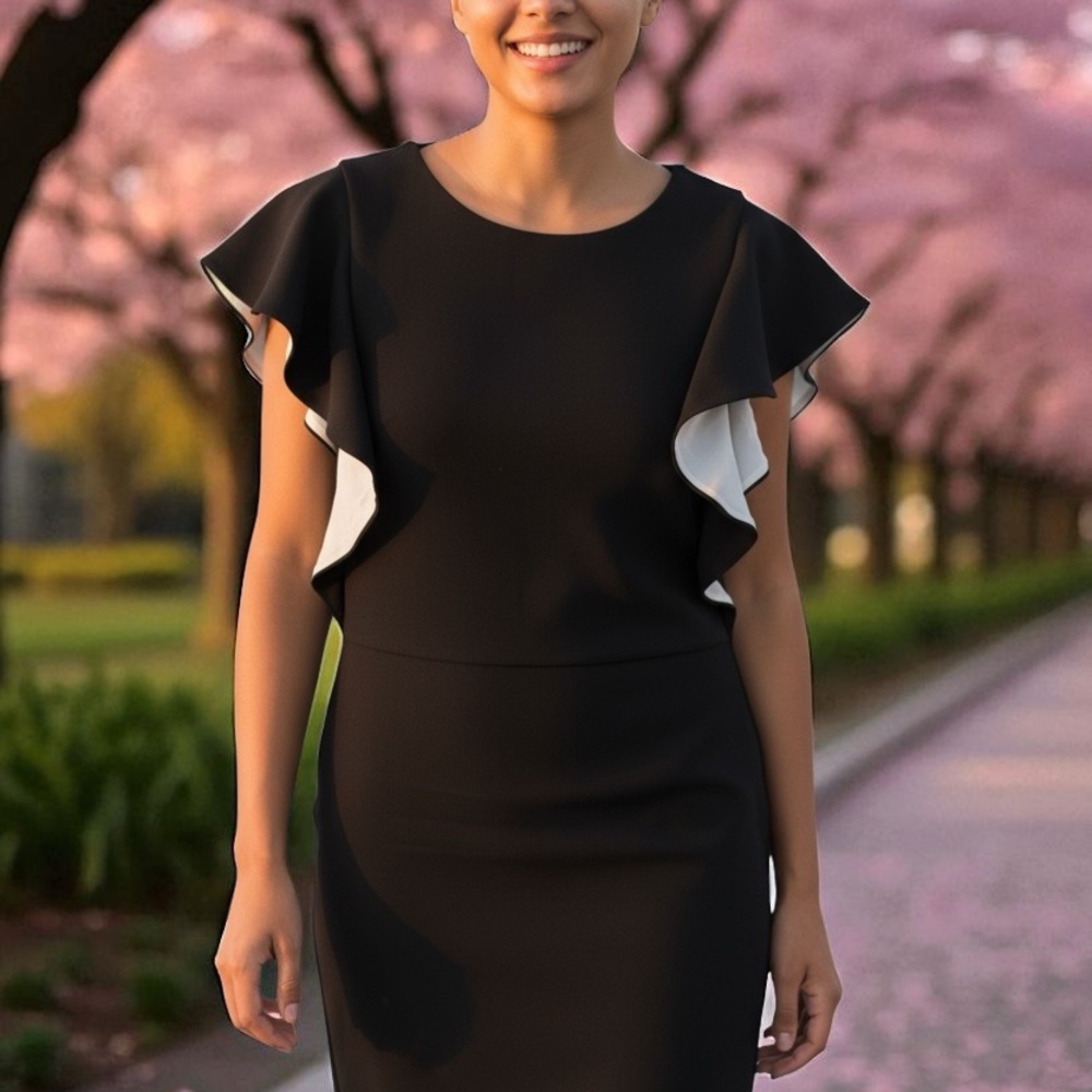 Ann Taylor Elegant Black Midi Dress with White Ruffles